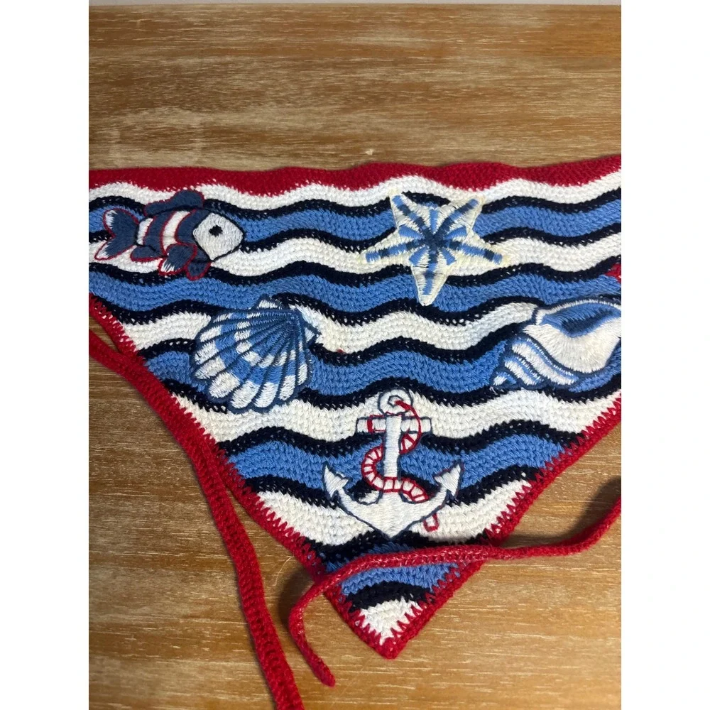Handmade Crochet Nautical Hair Bandana Anchor Sailboat Shell Blue White Red Tie
